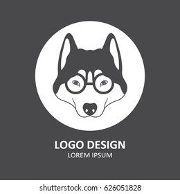 Illustration with muzzle of dog and text, hand drawn icon. Black and white background vector. Decorative backdrop, logo design husky