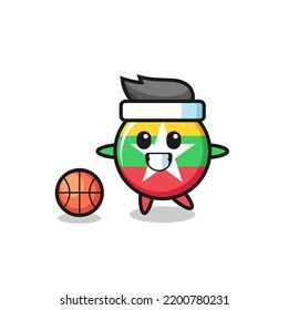 Illustration of myanmar flag badge cartoon is playing basketball , cute design