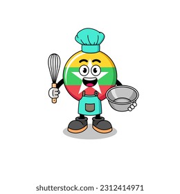 Illustration of myanmar flag as a bakery chef , character design