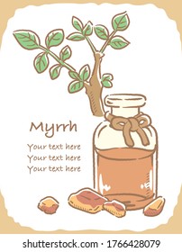 Illustration of myrrh and aromatherapy bottle. Vector illustration.