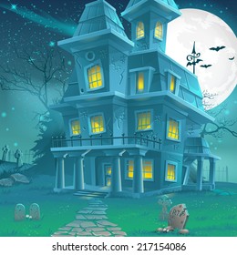 Illustration of a mysterious haunted house on a moonlit night