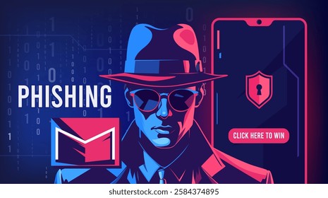 Illustration of a mysterious man wearing a hat and glasses with light reflection. Design concept about cybercrime such as phishing, fraud, data theft and others.