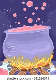 Illustration of a Mysterious Potion Brewing in a Giant Cauldron