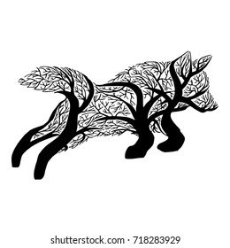 Illustration with mysterious wolf jump silhouette double exposure blend tree. Tattoo design.