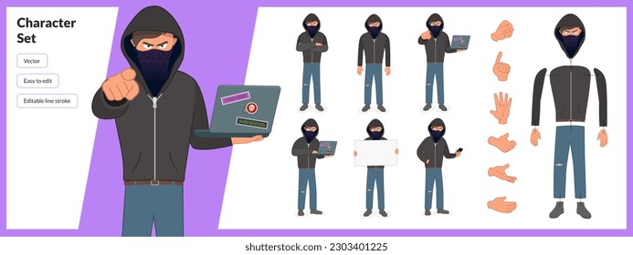 Illustration of a mystery hacker, wearing a hoodie in a set of multiple poses. Easy to edit with editable line strokes and isolated on white background. Suitable for animation.