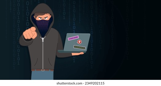 Illustration of a mystery hacker, wearing a hoodie, pointing at camera viewer, with blank space for text. Editable vector. 