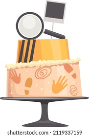 Illustration Of Mystery Theme Birthday Cake With Magnifying Glass, Blank Photo, Barricade Tape, Hand And Foot Prints Design