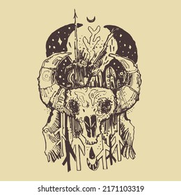 Illustration with mystery tribal demon goat. Good element for tattoo. Graphic art.