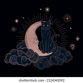 illustration of mystic cat with mystic space and moon