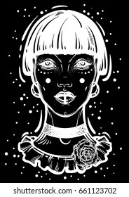 Illustration of a mystic gothic girl without eyes. High-detailed vector artwork in linear style isolated. Beautiful witch. Spiritually trendy illustration, tattoo art, prints, posters, textiles.