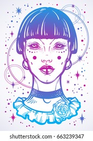 Illustration of a mystic gothic girl without eyes. High-detailed vector artwork in linear style isolated. Beautiful witch. Spiritually trendy illustration, tattoo art, prints, posters, textiles.