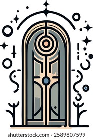 illustration of a mystical arched door adorned with intricate geometric and celestial patterns. The door emits a magical aura, surrounded by floating cosmic symbols and abstract sparkles, evoking