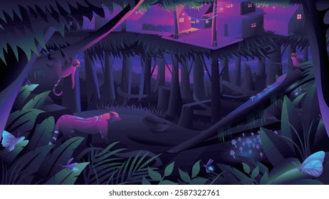 Illustration of a mystical forest scene at night, featuring a treehouse, wildlife, and glowing flora.