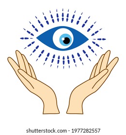 illustration of mystical goddess hands,evil eye, celestial symbols of moon phase. Esoteric, spiritual, wicca occult inspired concept