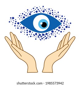 illustration of mystical goddess hands,evil eye, celestial symbols of moon phase. Esoteric, spiritual, wicca occult inspired concept