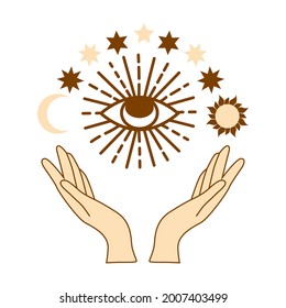 illustration of mystical goddess hands,evil eye, celestial symbols of moon phase. Esoteric, spiritual, wicca occult inspired concept. trendy beige