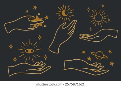 Illustration of mystical hands with stars, moons, and planets. Mystical hands reaching for stars, moons, and planets. Cosmic hands with celestial symbols. Aesthetic spirituality vector illustrations.