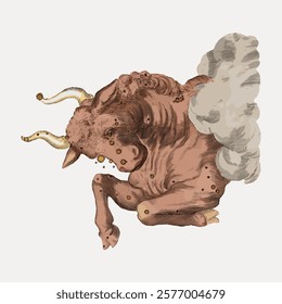 Illustration of a mythical creature with bull features, horns, and clouds. The creature appears dynamic, with detailed textures and a fantasy theme. Vintage illustration isolated on white, vector.