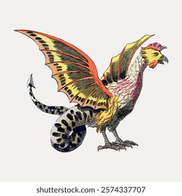 Illustration of a mythical creature, a cockatrice, with dragon wings, rooster head, and serpent tail. The cockatrice is a legendary creature in folklore. Isolated vintage vector element.