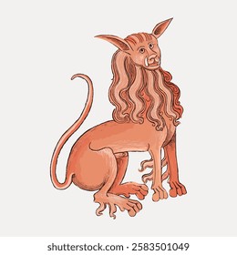 Illustration of a mythical creature with a lion's body, human face, and long hair. Fantasy creature, mythical design, and imaginative art style. Vintage animal illustration vector.