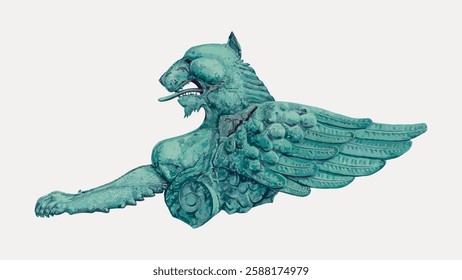 Illustration of a mythical creature with a lion's head and wings. The creature, with intricate details, showcases a blend of fantasy and mythology. Vintage animal illustration vector.