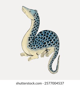 Illustration of a mythical creature with a long neck and tail, covered in blue and black scales. The creature has a whimsical, dragon-like appearance. Isolated vintage art illustration vector element.