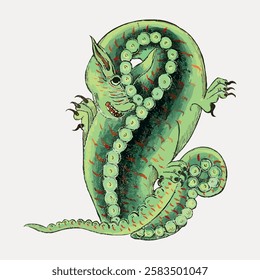 Illustration of a mythical creature with a serpentine body, multiple eyes, and sharp claws. The creature is green with red accents, appearing fierce and fantastical. Vintage animal illustration vector