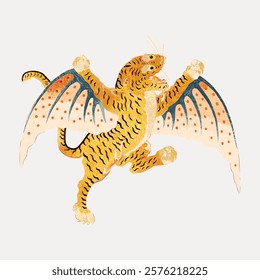 Illustration of a mythical creature, a tiger with wings. The tiger has orange and black stripes, and the wings are speckled. Mythical, tiger, wings, creature. Vintage art drawing illustration vector.