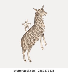 Illustration of a mythical creature with a unicorn horn and flowing mane. The creature stands on hind legs, featuring intricate, swirling patterns. Vintage animal illustration vector.