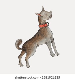 Illustration of a mythical dog with a spiked collar, standing on hind legs. The dog has a mischievous grin, pointed ears, and a playful stance. Vintage dog illustration isolated on white, vector.