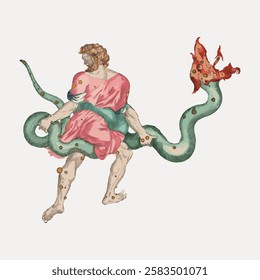 Illustration of a mythical figure in a pink robe wrestling a green serpent with a fiery head. The scene is dynamic and colorful, depicting a classic mythological battle. Vintage animal vector.