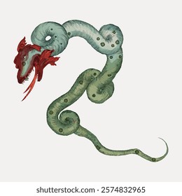 Illustration of a mythical green serpent with a red dragon head. The serpent's body is coiled, featuring scales and spots. Mythical serpent with dragon head. Vintage art drawing, isolated vector.