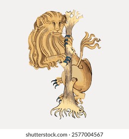 Illustration of a mythical lion with a long mane, climbing a tree. The lion's claws grip the tree, showcasing its strength and mythical nature. Isolated vintage art illustration vector element.