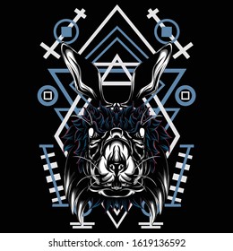 illustration of a mythical rabbit with long hair with background sacred geometry