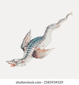 Illustration of a mythical sea creature with scales, fins, and a long tail. The sea creature appears dragon-like, with a detailed, artistic design. Vintage animal illustration vector.