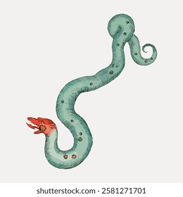 Illustration of a mythical serpent with a red head and green body. The serpent's coiled body and fierce expression evoke a sense of mystery and fantasy. Vintage reptile illustration isolated, vector.