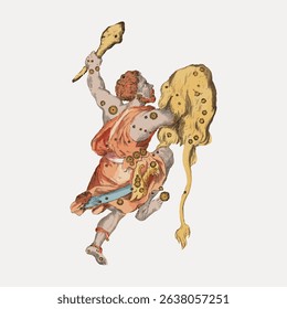 Illustration of a mythological figure with a club and lion skin, wearing a tunic. Dynamic pose, classical style, vibrant colors, mythological theme. Vintage character art illustration vector.