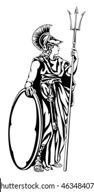 An illustration of the mythological Greek Goddess Athena with a trident spear and shield