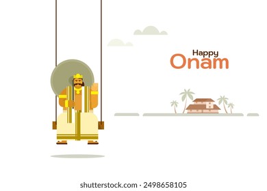 Illustration of mythological king 'Mahabali' sitting in a swing. Concept of Onam festival in Kerala