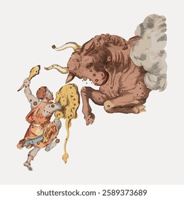 Illustration of a mythological scene with a figure battling a bull. The figure, wearing a toga, is in a dynamic pose. The bull appears powerful and imposing. Vintage animal illustration vector.