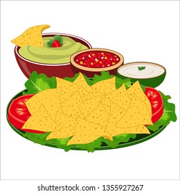 Illustration of nachos with 3 kinds of sauces, guacamole, spicy sauce and cream, specialty of Mexican cuisine.