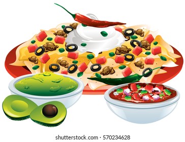 Illustration Of Nachos Supreme With Guacamole And Salsa