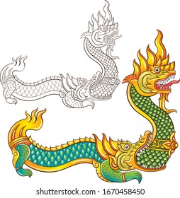 illustration of Naga and mermaid.Traditional art design Northern Thailand