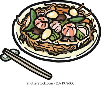 It is an illustration of Nagasaki Sara Udon served on a plate. Chopsticks are attached.