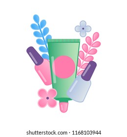 Illustration with nail cosmetics. Modern vector art.