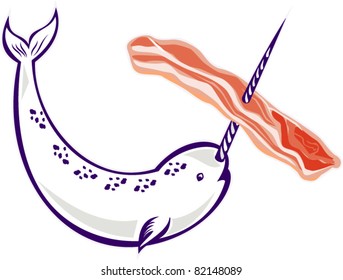 illustration of narwhal whale Monodon monoceros unicorn whale stringing bacon with tusk horn