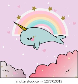 Illustration of narwhal  who flying over the stars.