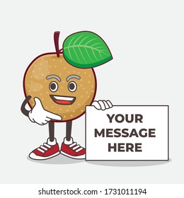 An illustration of Nashi Pear cartoon mascot character holding a board sign message