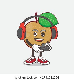 An illustration of Nashi Pear cartoon mascot character play a game with headphone and controller