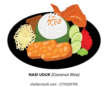 Illustration nasi uduk. Ccoconut rice with lots of side dishes. Indonesian Food